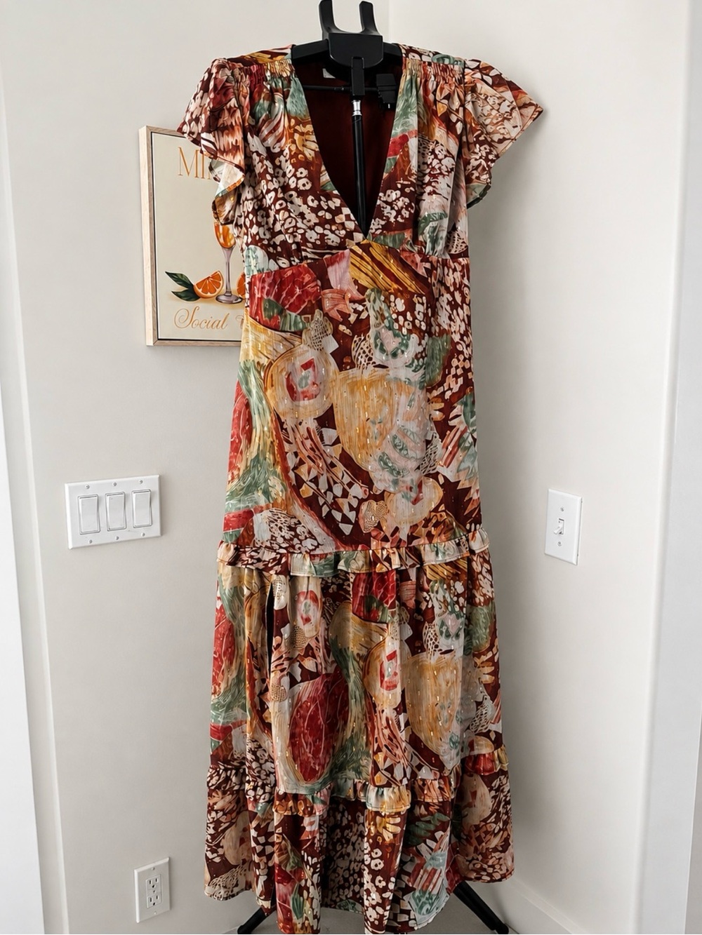 12th Tribe Brown Multi-Print V-Neck Tiered Maxi Dress